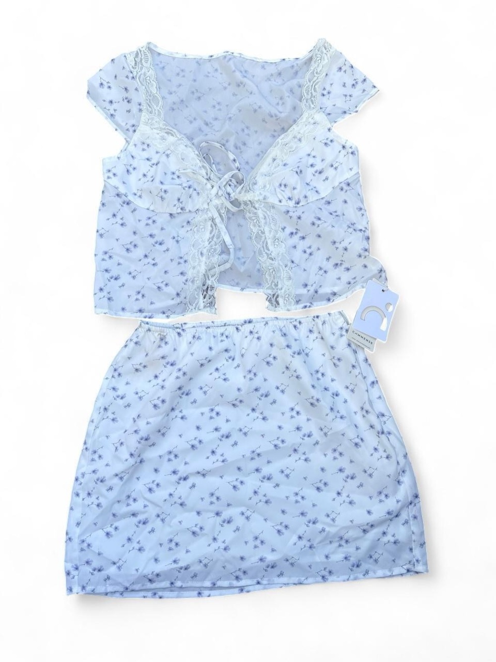NWT Commense Floral Tie-Front Crop Top & Mini Skirt Set – White/Blue